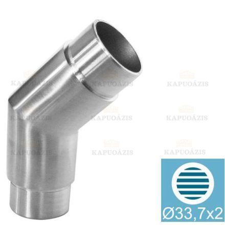 Összekötő könyök körszelvény kapaszkodóhoz (135°) Anyag: Inox AISI 304, Felület kezelés: Szálcsiszolt, Korlátoszlop: D33,7x2, Kapaszkodó: D33,7x2, H: 25, Phi: 33,7x2,0